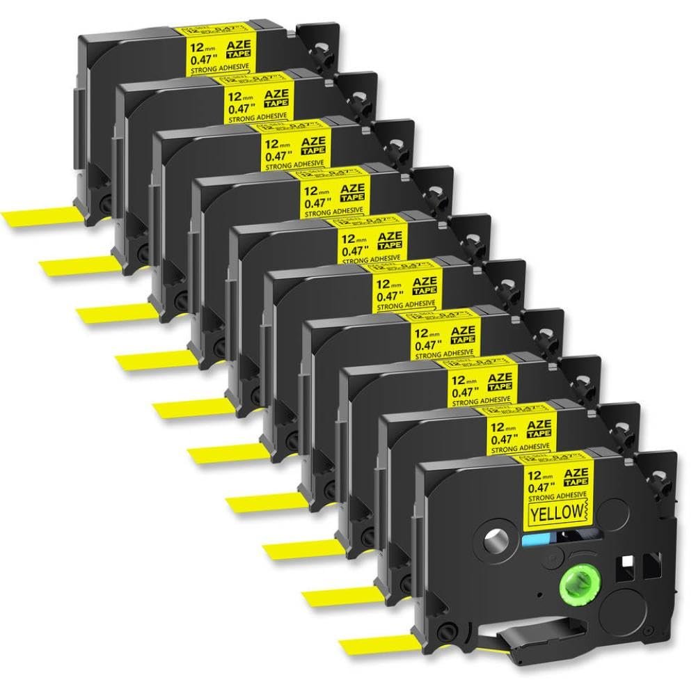 10PK Tack Acrylic Adhesive Laminated Label Tape Compatible with TZe-s231 TZe-631 12mm Black On White Works with Printers Universal Fit Third Party Replacement(10PK Black on Yellow)