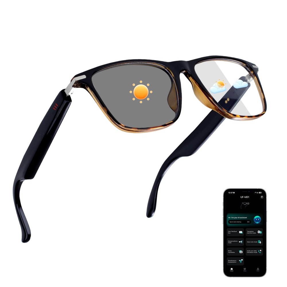 AI Smart Glasses for Men & Women, Photochromic AI Translation Glasses, Support 165+ Languages, Touch Control & IPX5 Waterproof, Multifunctional Bluetooth glasses, Travel Meeting Business Trade(Brown)