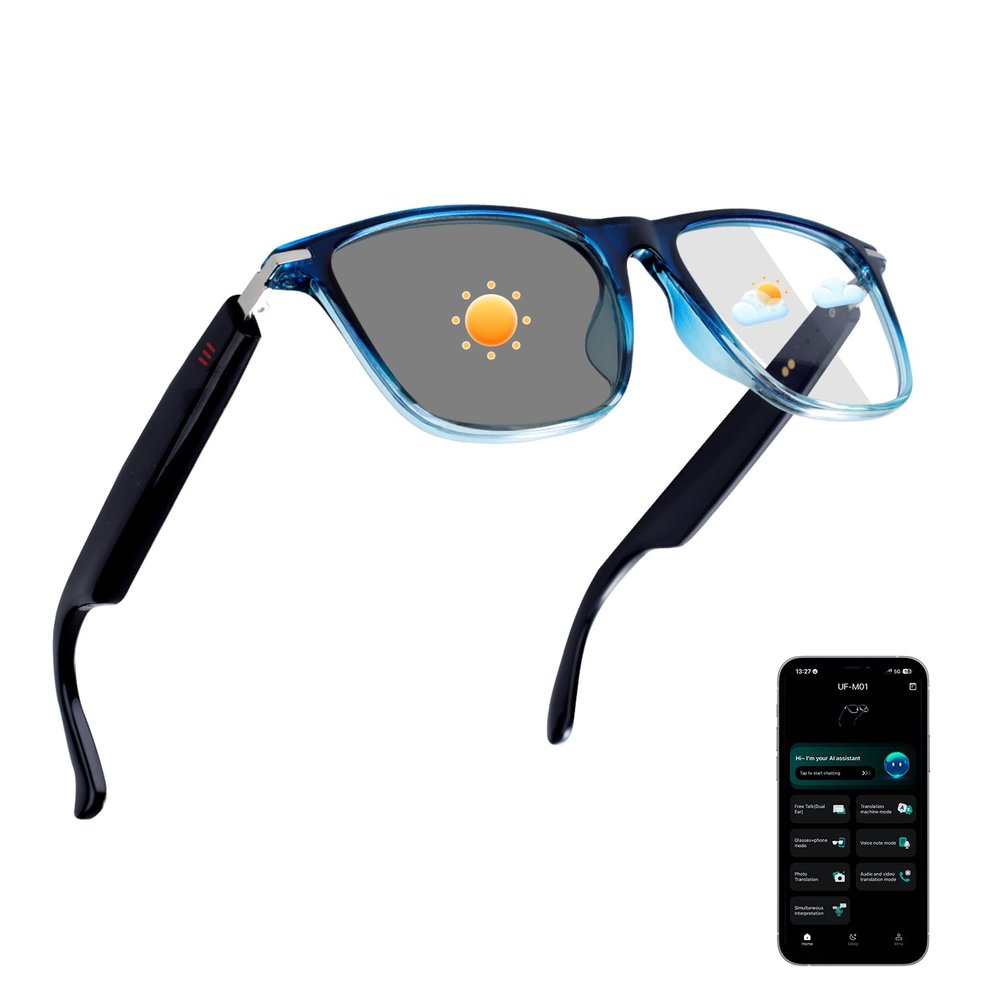 AI Smart Glasses for Men & Women, Photochromic AI Translation Glasses, Support 165+ Languages, Touch Control & IPX5 Waterproof, Multifunctional Bluetooth glasses, Travel Meeting Business Trade(Blue)