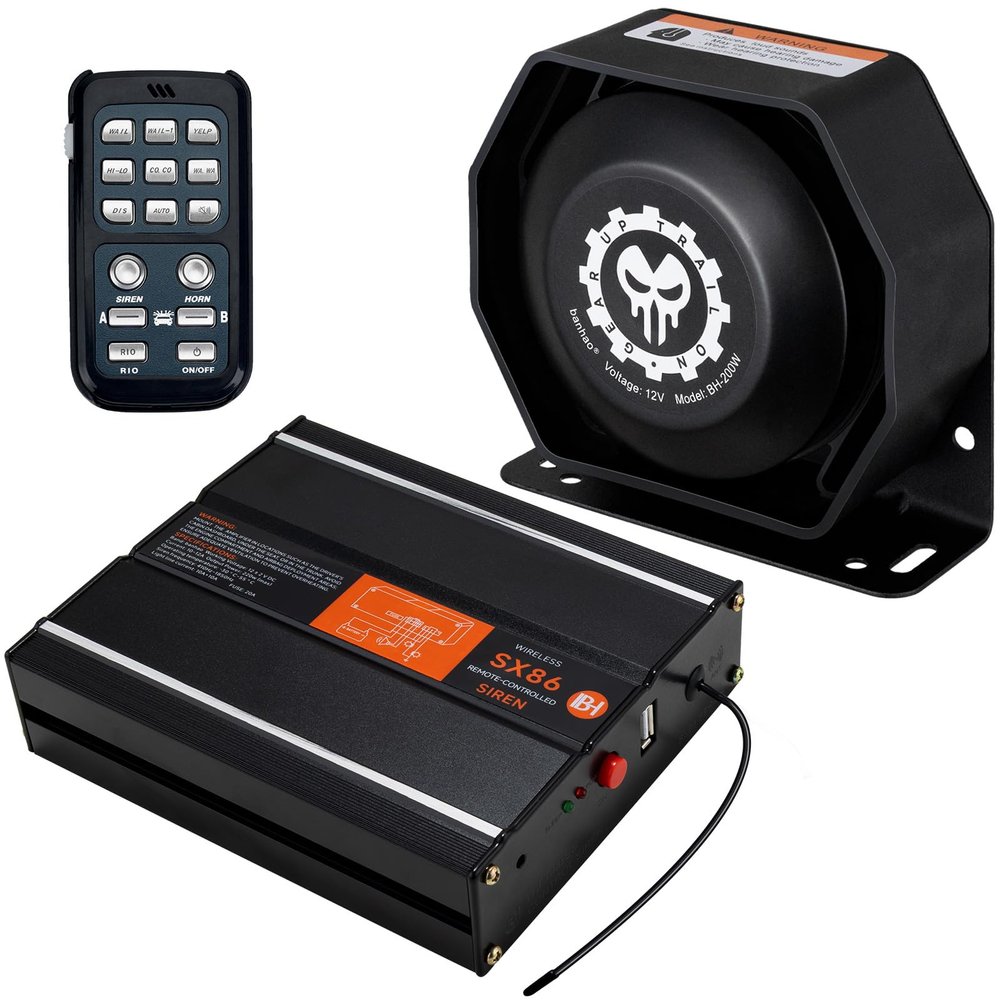 BANHAO Warning Emergency Siren 12V Police Siren Speaker PA System Kit 200W 125-150dB Remote Control with Handheld Microphone for Car Ambulance Vehicles Fire Truck SUV ATV UTV