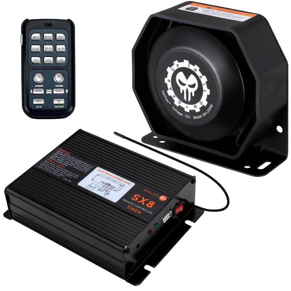 BANHAO Police Siren Speaker PA System Kit Warning Emergency Siren 12V 200W 125-145dB Remote Control with Handheld Microphone for Ambulance Vehicles Truck Car SUV ATV UTV