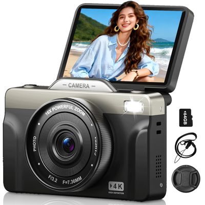 4K 64MP Digital Cameras for Photography, 16X Zoom Autofoucs Vlogging Camera for YouTube with 3" 180 Flip Screen, Compact Vlog Travel Camera Kit for Beginner, Teens (Black)