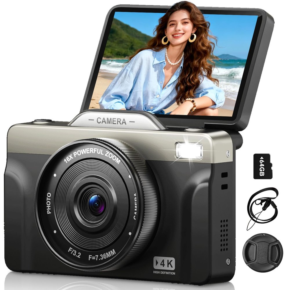 4K 64MP Digital Cameras for Photography, 16X Zoom Autofoucs Vlogging Camera for YouTube with 3" 180 Flip Screen, Compact Vlog Travel Camera Kit for Beginner, Teens (Black)
