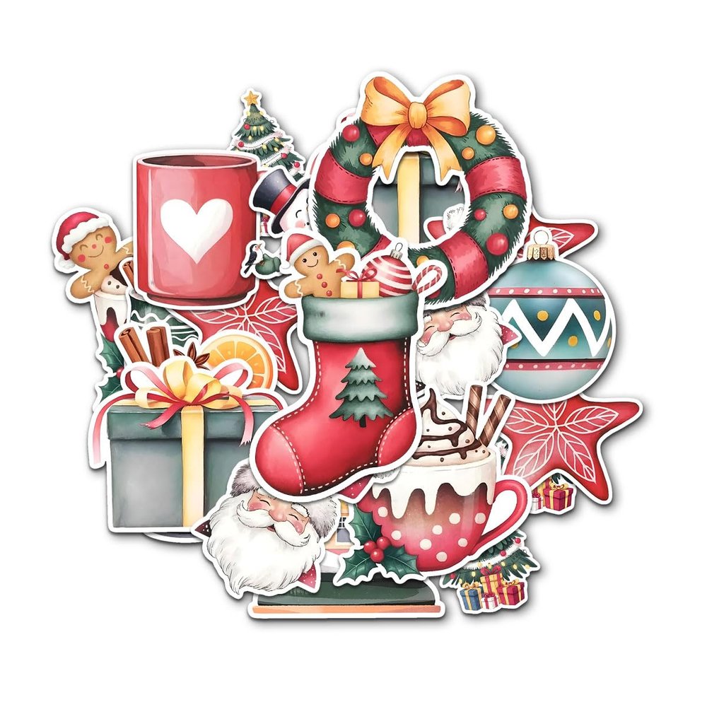 12 Pcs Christmas Holiday Stickers, Festive Decals Santa, Snowman, Cocoa Mug, Tree, Wreath Designs, Cute Winter Stickers for Laptop, Bottle, Notebook, Gift Wrapping, Scrapbook, Holiday Crafts 8 Inches