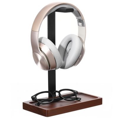 Fiwochic Walnut Wood Headset Holder, Desktop Headphone Stand, Universal Headphone Holder with Storage Base for Gaming, Music Headsets(Dark Brown)