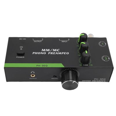 PUSOKEI MM MC Phono Preamp, 3 Band Equalization with 3.5mm Headphone Output, 5 Pin XLR Input/Output, Low Noise for Turntable Sound Enhancement (US Plug)