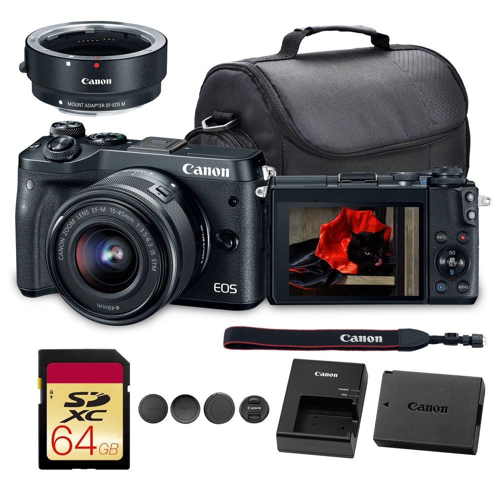 Canon EOS M6 Mirrorless Digital Camera with 15-45mm Lens | 24.2MP APS-C Sensor, Dual Pixel AF & Full HD Video | Travel & Vlogging Camera (1724C011) EF-M Lens Adapter + 64GB Memory Card + Bag