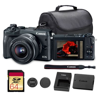 Canon EOS M6 Mirrorless Digital Camera with 15-45mm Lens | 24.2MP APS-C Sensor, Dual Pixel AF & Full HD Video | Travel & Vlogging Camera (1724C011) + Shoulder Bag + 64GB Memory Card