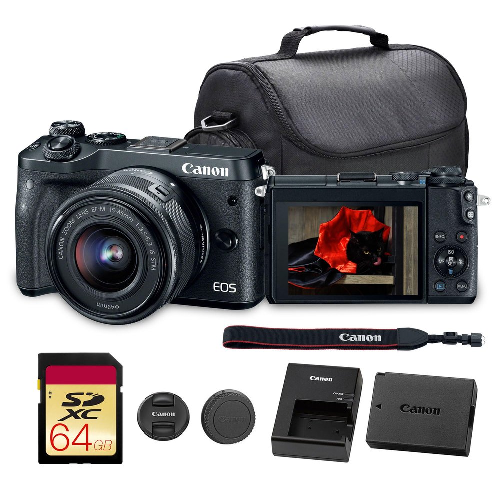 Canon EOS M6 Mirrorless Digital Camera with 15-45mm Lens | 24.2MP APS-C Sensor, Dual Pixel AF & Full HD Video | Travel & Vlogging Camera (1724C011) + Shoulder Bag + 64GB Memory Card