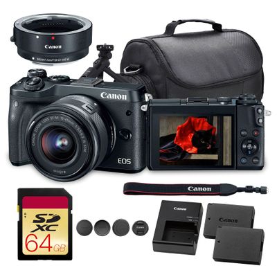 Canon EOS M6 Mirrorless Digital Camera with 15-45mm Lens | 24.2MP APS-C Sensor, Dual Pixel AF & Full HD Video | Travel & Vlogging Camera (1724C011) EF-M Lens Adapter + HG-100TBR Grip + More
