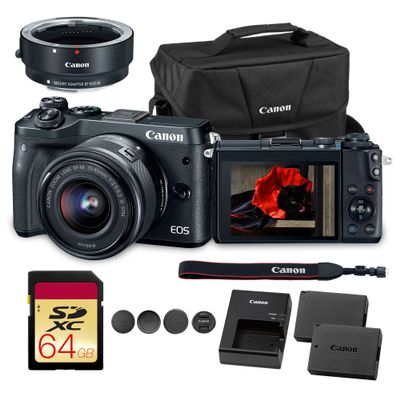 Canon EOS M6 Mirrorless Digital Camera with 15-45mm Lens | 24.2MP APS-C Sensor, Dual Pixel AF & Full HD Video | Travel & Vlogging Camera (1724C011) + Canon EF-M Lens Adapter + LP-E17 + 64GB Card + Bag