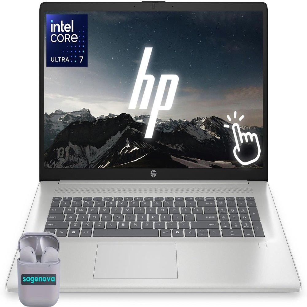 HP Touchscreen 17.3" Business Laptop Computer, Windows 11, 64GB RAM 2TB SSD, Intel Core Ultra 7 255U, HD+ Display, Fingerprint Reader, Backlit Keyboard, SageNova Earphones, Silver