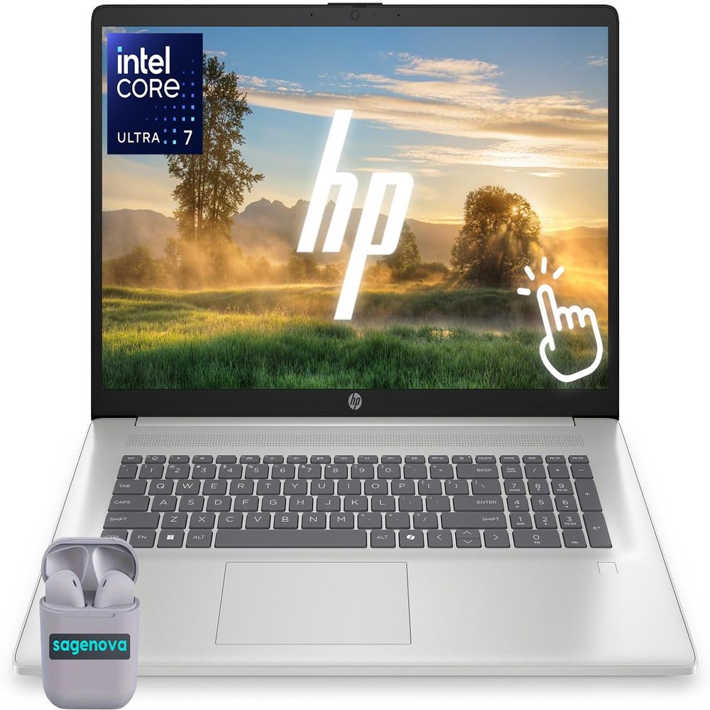 HP Touch Screen Laptop, 17.3" HD+ Touchscreen Laptop Computer, Windows 11, 64GB RAM 2TB SSD, Intel Core Ultra 7 255U, Fingerprint Reader, Backlit Keyboard, SageNova Earphones, Natural Silver