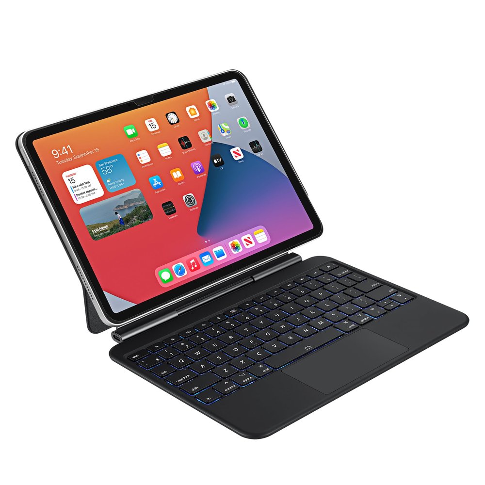 Adesso WKB-7050 Bluetooth Keyboard Case for iPad Pro 11 Inch 2024 M4 with Touchpad, Wireless Rechargeable Aluminum Keyboard with Protective Cover Stand, Slim Scissor Switch Keys, Backlit, Black