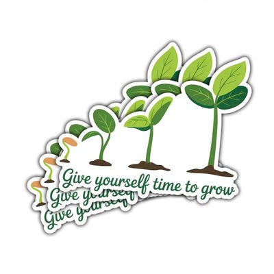 (3 Pcs) Give Yourself Time to Grow Sticker  Motivational Self Growth Vinyl Decal with Plant Sprout Design for Laptops, Water Bottles & Journals  Positive Mental Health Quote