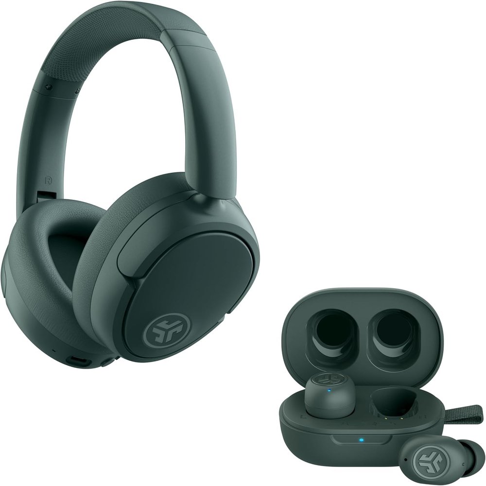 JLab Sage Audio Bundle: JBuds Lux ANC Wireless Premium Over-Ear Bluetooth Headset with Hybrid Active Noise Cancelling Plus JBuds Mini True Wireless Bluetooth Earbuds + Charging Case & Keychain