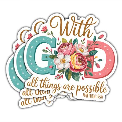 (3 Pcs) Christian Bible Verse Stickers  with God All Things are Possible Matthew 19:26 Floral Vinyl Decals, Faith Inspirational Waterproof Stickers for Laptops, Journals & Christian Gifts for Women