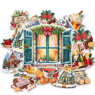 12Pcs Christmas Holiday Sticker Pack, Vintage Xmas Santa Claus, Snowman, Tree, Gifts, Winter Decor & Cozy Home Scenes Stickers Waterproof for Laptop, Water Bottle, Helmet (Christmas 4, 2 inches)