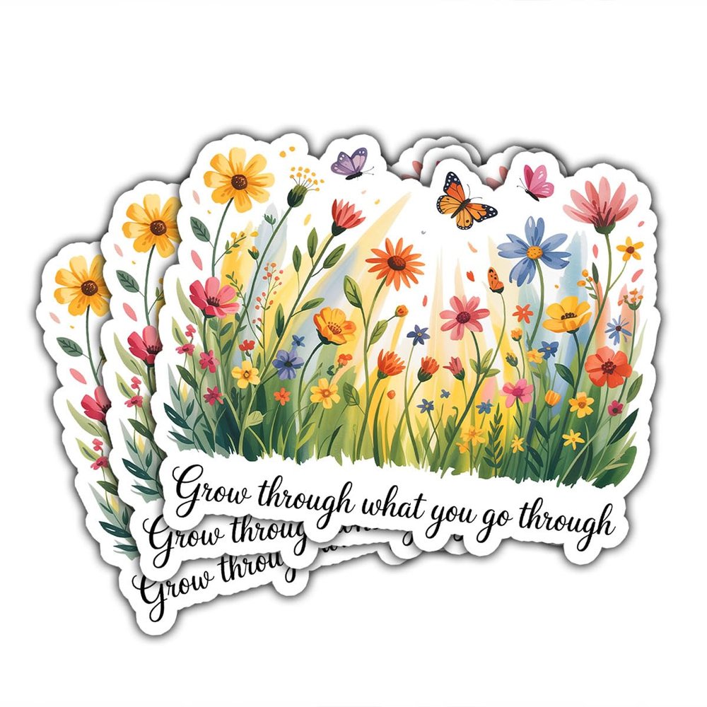 (3 Pcs) Inspirational Floral Stickers  Grow Through What You Go Through Positive Quote Vinyl Decals with Flowers & Butterflies, Aesthetic Motivational Gifts for Women, Students & Self-Care Journals