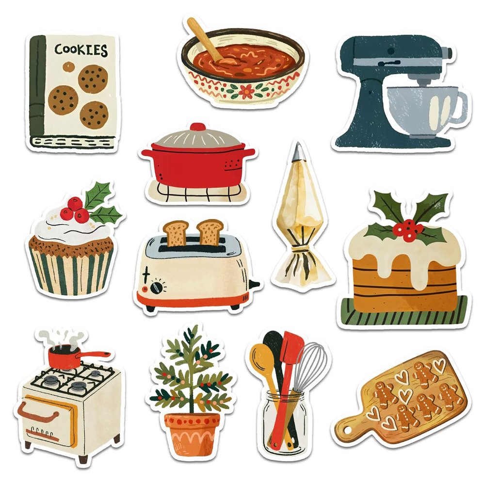 12 Pcs Christmas Baking Stickers Set, Cozy Kitchen Decals Cookies, Mixer, Oven, Cake, Toaster, and Baking Tools, Cute Holiday Stickers for Laptop, Bottle, Journal, Scrapbook, Wrapping 2 Inches