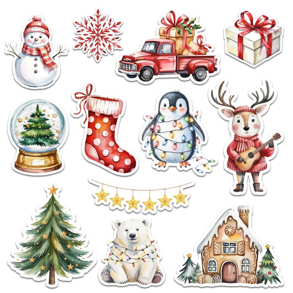 12 Pcs Cozy Christmas Stickers, Festive Winter Decals Tree, Reindeer, Penguin, Snowman, Gifts, Polar Bear, Holiday Stickers for Laptop, Bottle, Notebook, Scrapbook, Wrapping, DIY Crafts 7 Inches