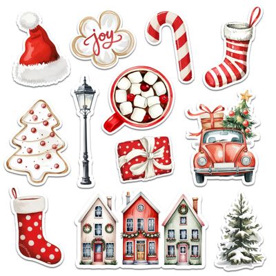 12 Pcs Christmas Red and White Stickers, Festive Holiday Decals Stocking, Candy Cane, Santa Hat, Gift, Tree Design, Cozy Winter Stickers for Laptop, Bottle, Notebook, Wrapping, Holiday Crafts 5 Inches