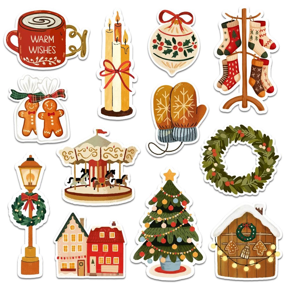 12 Pcs Classic Christmas Stickers Set  Gift for Parents, Friends, Brothers, Sisters, Teachers, Students  Ideal for Laptops, Water Bottles, Notebooks, Scrapbooks, Gift Wrapping 3 Inches