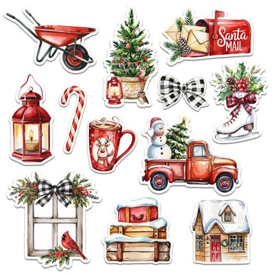 12 Pcs Farmhouse Christmas Stickers Set, Rustic Red Holiday Decals Truck, House, Tree, Santa Mail, Mug, Lantern, and Candy Cane, Stickers for Laptop, Bottle, Journal, Scrapbook, Wrapping 7 Inches