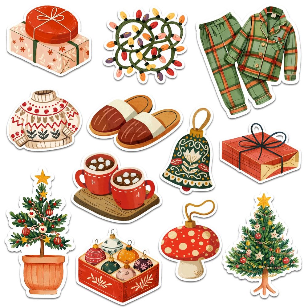 12 Pcs Cozy Home Christmas Stickers Set, Hygge Holiday Decals Sweater, Cocoa, Tree, Slippers, Gifts, Pajamas, and Lights, Festive Stickers for Laptop, Bottle, Journal, Scrapbook, Wrapping 3 Inches