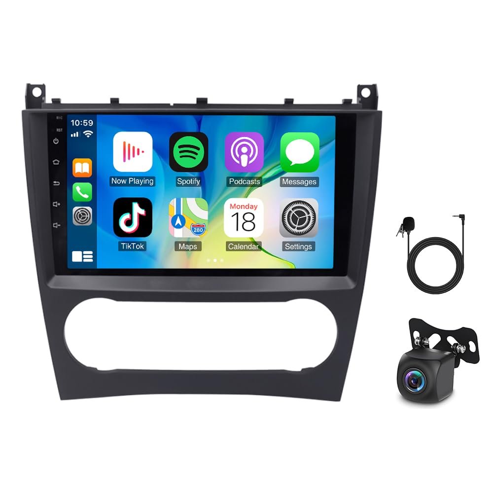 9inch Android 15 Car Stereo Radio for C-Class W203 2003-2009 with Wireless CarPlay & Android Auto, 4G RAM 64G ROM GPS Navigation Bluetooth WiFi Steering Wheel Control