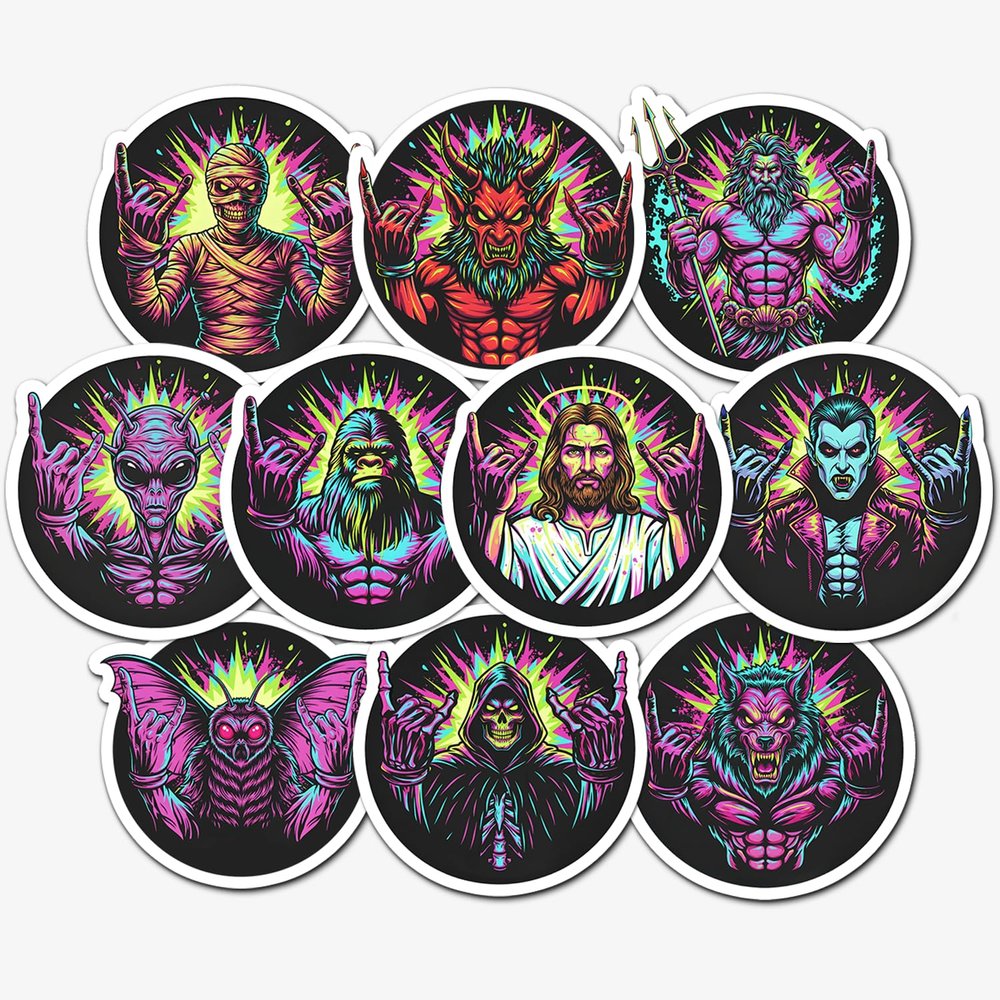10 PCS Rock and Roll Stickers Pack Metal Hand Sign Devil Horns Neon Psychedelic Heavy Metal Music Band Waterproof Vinyl Decals Laptop Guitar Water Bottle Adults Teens Rocker Gifts
