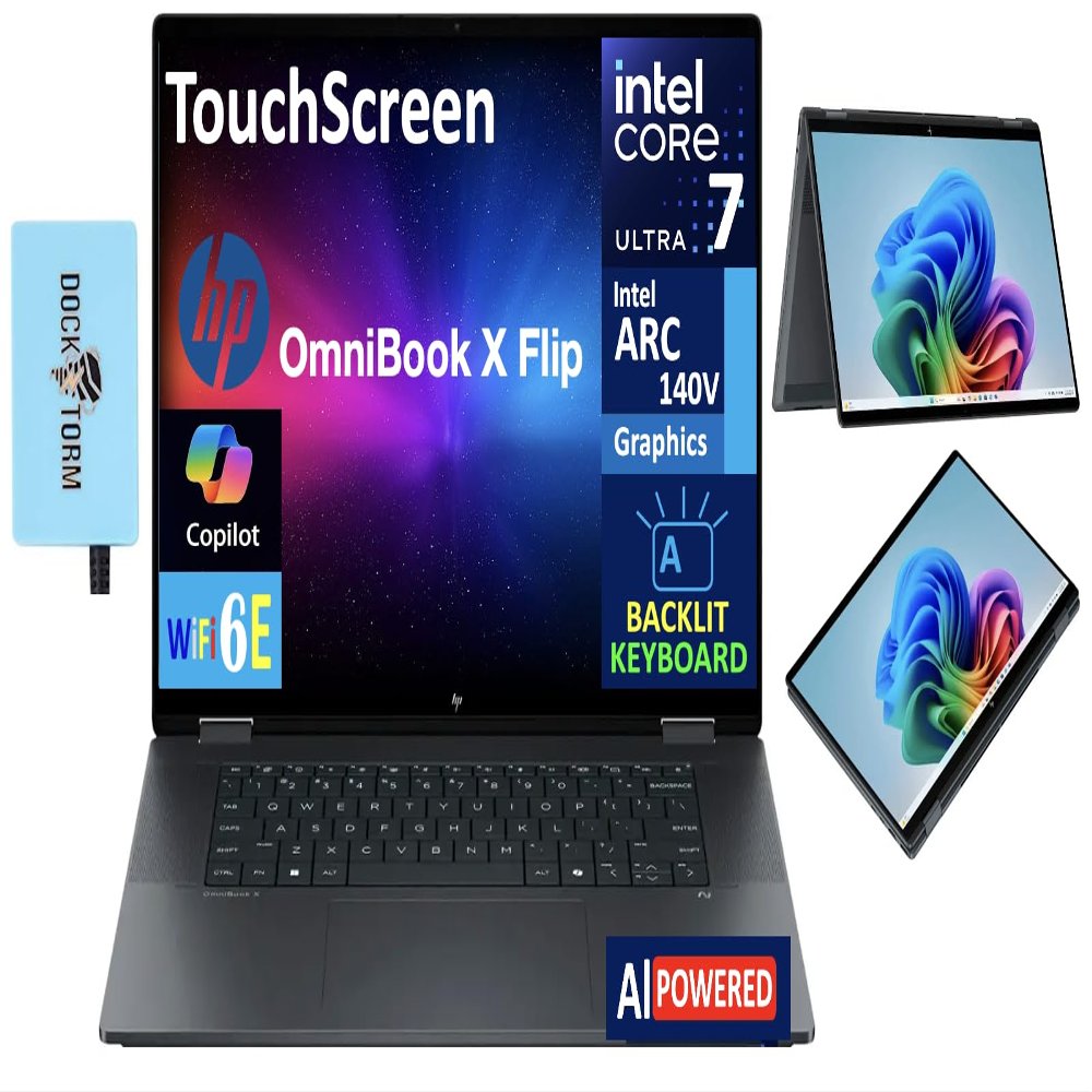 HP OmniBook X Flip 2-in-1 AI Powered 2-in-1 Laptop 16.0" WUXGA (Intel Ultra 7-256V, 16GB LPDDR5X, 1TB SSD, Win 11 Home) w/DKZ USB Port Expander