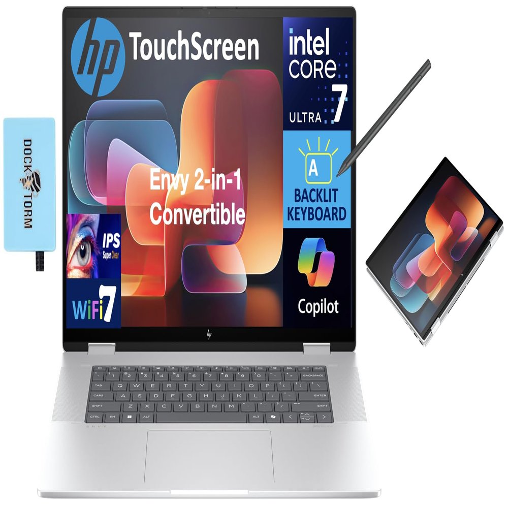 HP Envy AI Powered 2-in-1 Laptop 16.0" Touchscreen IPS WUXGA Display (Intel Ultra 7 155U, 32GB LPDDR5, 1TB PCIe SSD, Active Pen, Backlit KB, Thunderbolt 4, WiFi 7, Win 11 Pro) w/DKZ USB Hub