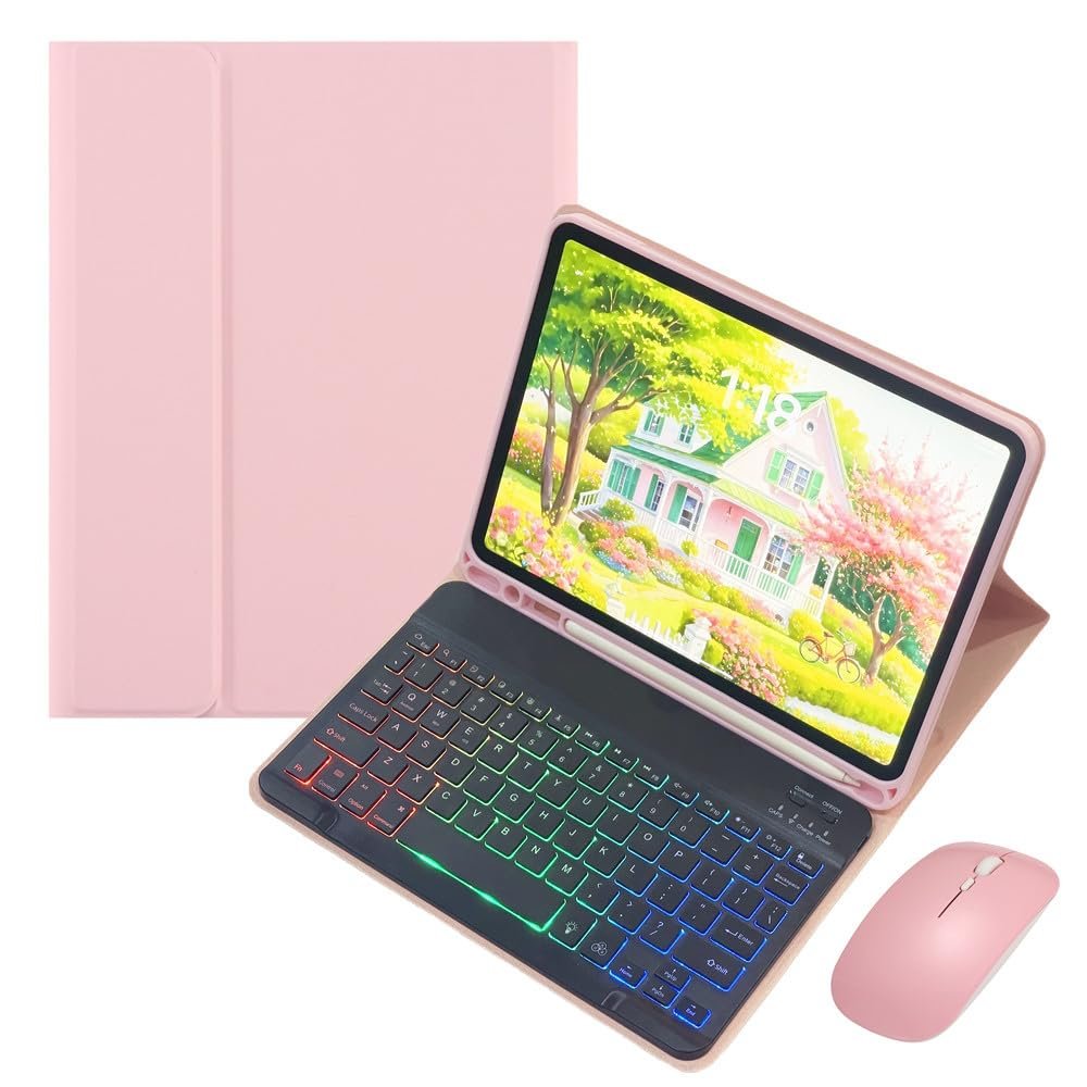 Rainbow Backlit Keyboard Case for Samsung Galaxy Tab S11 11 inch 2025 Case with Detachable Bluetooth Backlight Keyboard and Mouse,Pink+Black