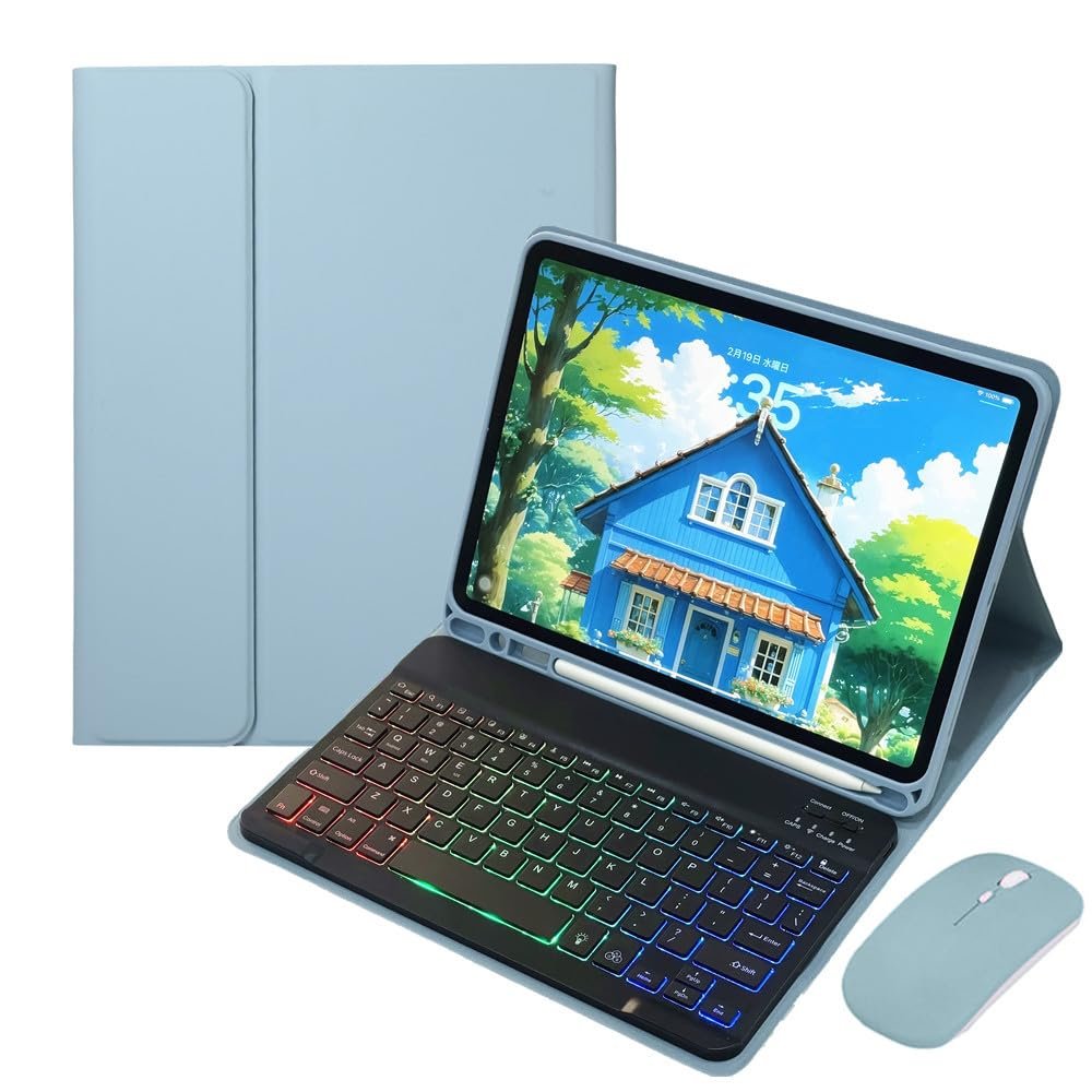 Rainbow Backlit Keyboard Case for Samsung Galaxy Tab S11 11 inch 2025 Case with Detachable Bluetooth Backlight Keyboard and Mouse,Misty Blue+Black