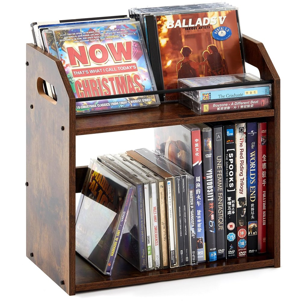 CroBlissful 2-Tier Cd Holder, DVD Storage Rack for Display, Rustic Wooden DVD Organizer Cd Storage Shelf for Home Office Holds up to 56 Standard, Ideal for Music Lovers, Collector