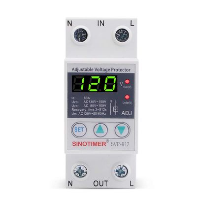 110VAC 120VAC 63A Over/Under Voltage Protection Device Voltage Protector, One Red LED Display, Single Phase Low Voltage Monitor, Din Rail Installation in DB Home Usage