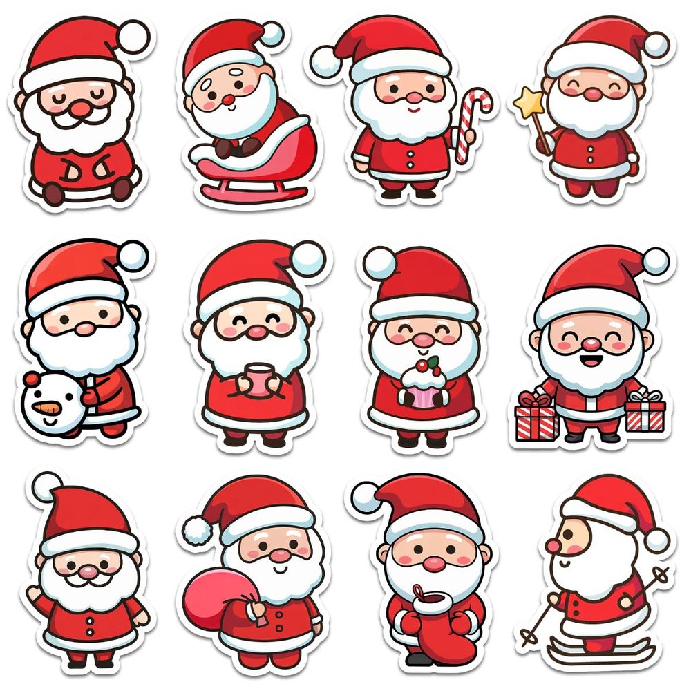 12 Pcs Cute Santa Stickers Set, Adorable Christmas Decals Santa with Gifts, Candy Cane, Mug, and Snowman, Holiday Stickers for Laptop, Bottle, Notebook, Scrapbook, Wrapping, DIY Crafts 3 Inches