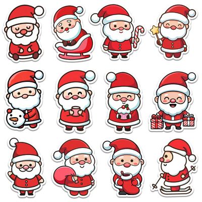 12 Pcs Cute Santa Stickers Set, Adorable Christmas Decals Santa with Gifts, Candy Cane, Mug, and Snowman, Holiday Stickers for Laptop, Bottle, Notebook, Scrapbook, Wrapping, DIY Crafts 5 Inches