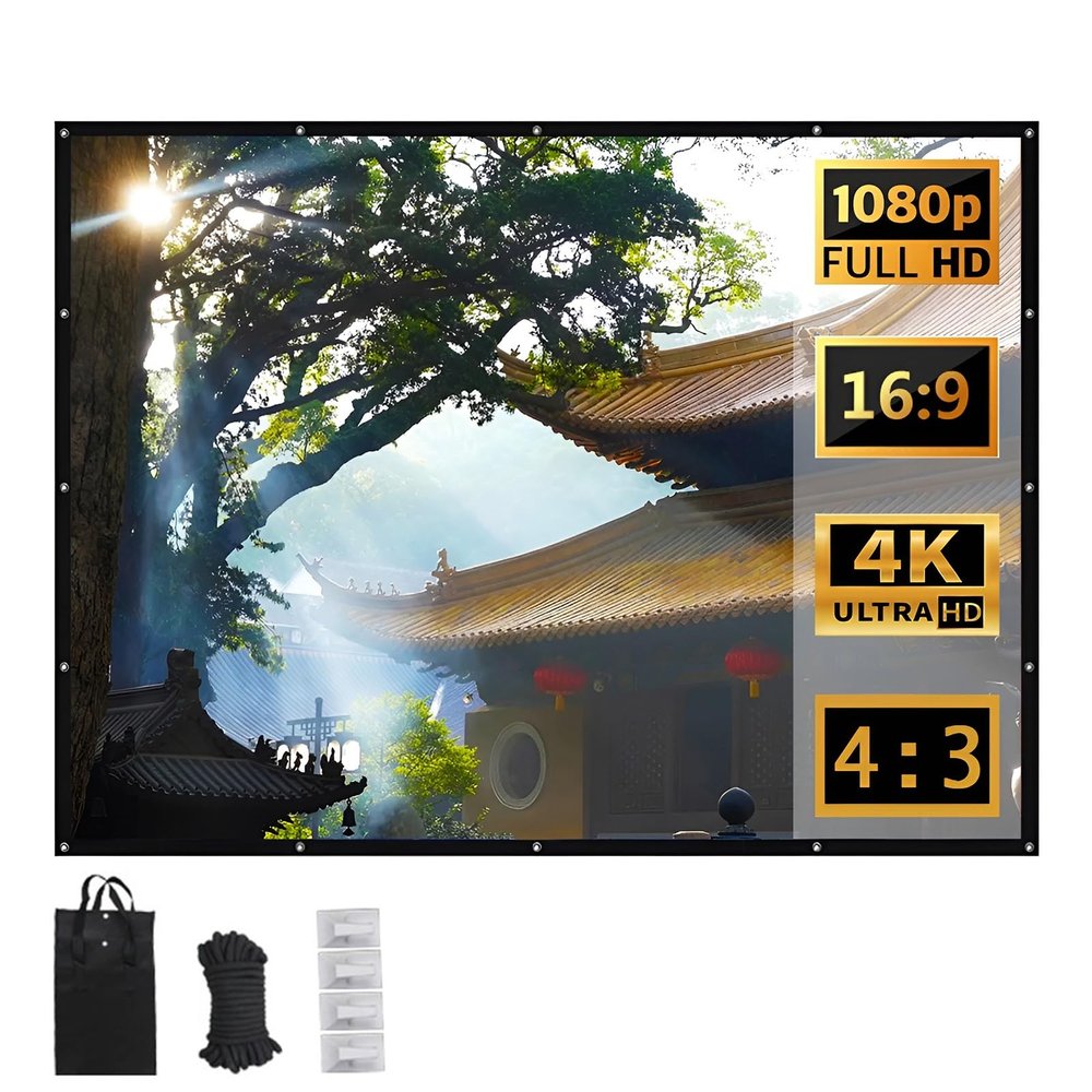 60'' 4:3 HD Projection Screen Foldable Anti-Crease Portable Projector Movie Screen for Home Theater Presentation Education Public Display(133 Inch 4:3)