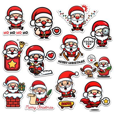 12 Pcs Funny Santa Stickers, Cartoon Christmas Decals Featuring Santa with Gifts, Sleigh, Lights, Reindeer, Cute Holiday Stickers for Laptop, Bottle, Notebook, Scrapbook, Wrapping, DIY Crafts 5 Inches