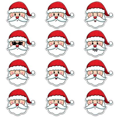 12 Pcs Santa Faces Stickers Set, Christmas Decals Santa Expressions with Glasses, Smile, Wink, Tongue Out, Cute Holiday Stickers for Laptop, Bottle, Notebook, Scrapbook, Wrapping, DIY Crafts 6 Inches