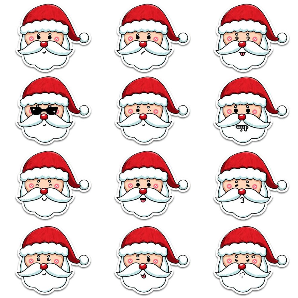 12 Pcs Santa Faces Stickers Set, Christmas Decals Santa Expressions with Glasses, Smile, Wink, Tongue Out, Cute Holiday Stickers for Laptop, Bottle, Notebook, Scrapbook, Wrapping, DIY Crafts 6 Inches