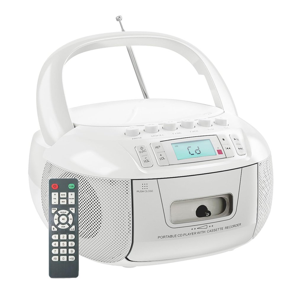 CD and Cassette Player Combo, Portable CD Player with Handle, Remote Control, LCD Display & AUX/Headphone Jack, AM/FM Stereo Radio and Tape Player/Recorder, for Home, Senior, Child