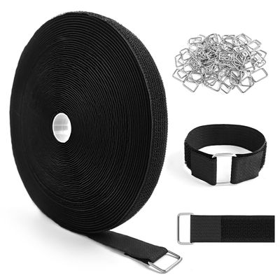 1" x64ft Hook and Loop Straps with Metal Buckles, Molle Cable Straps, Adjustable Fastening Cinch Strap, Reusable Nylon Securing Cord Ties, 1 inch Wide, Black with 70 Buckles