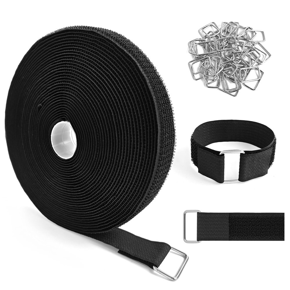 1" x32ft Hook and Loop Straps with Metal Buckles, Molle Cable Straps, Adjustable Fastening Cinch Strap, Reusable Nylon Securing Cord Ties, 1 inch Wide, Black with 50 Buckles