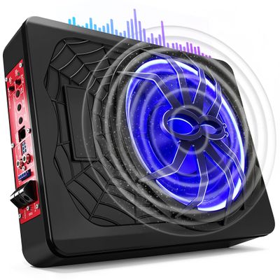 800W Car Subwoofer, 10 Slim Under Seat Subwoofer, Hideaway Subwoofer with Complete Mounting Wire Kit, Car Truck Audio Car Subwoofer with Built-in Amplifier, Powerful Bass & Blue LED Ambient Light