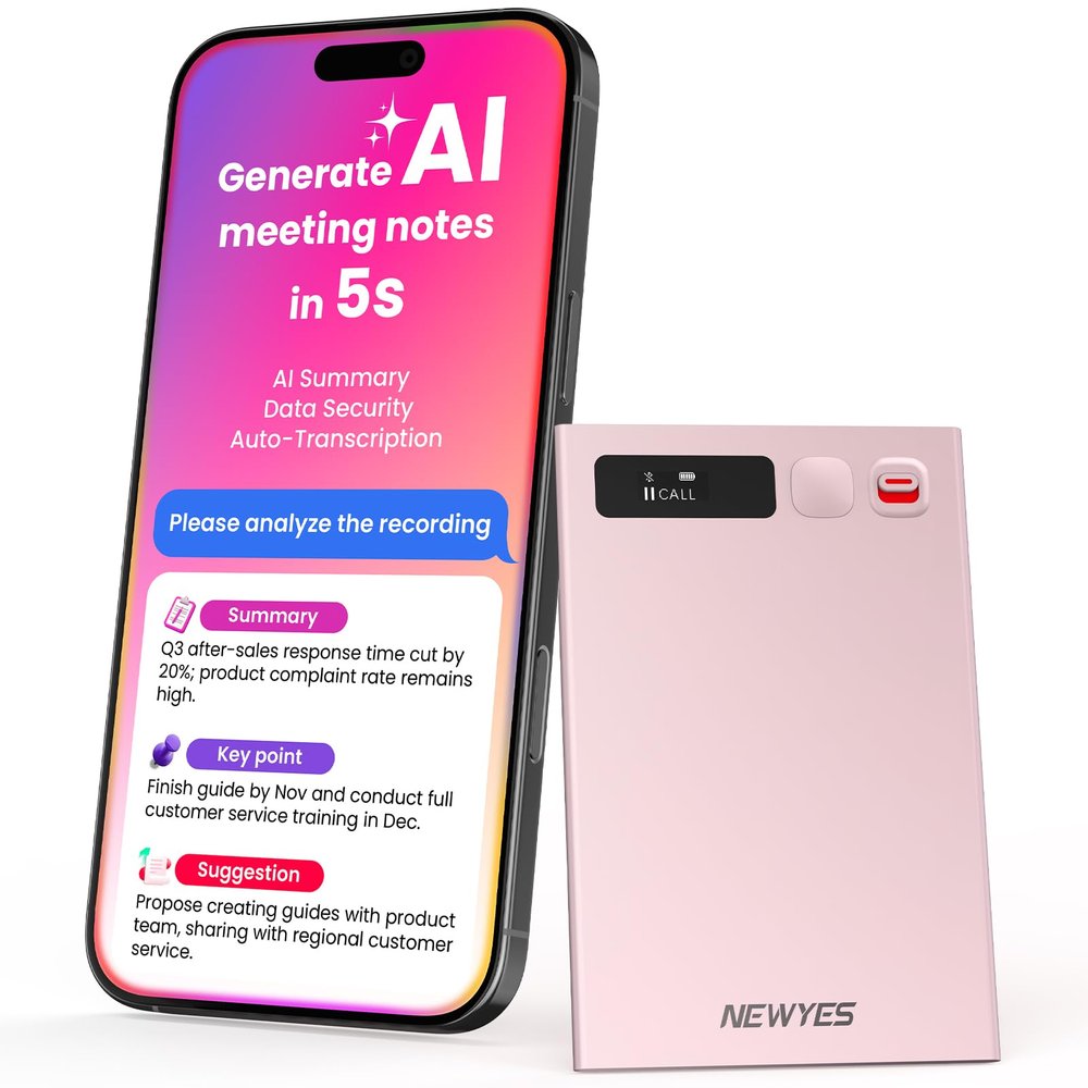 AI Voice Recorder, NEWYES Ailog Smart Digital Audio Recorder Meeting Card, Transcribe & Summarize, Translation, 64GB for Meetings, Conference, Business, Calls, HR Women Secretary(Rose Gold)