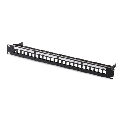 24-port blank patch panel, uninstalled, empty 24P panel, shielded, 19-inch, 1U rack mount, with labeling, field cable strip, ground wire