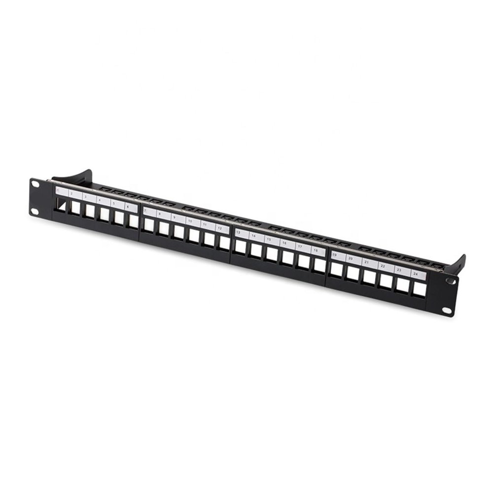 24-port blank patch panel, uninstalled, empty 24P panel, shielded, 19-inch, 1U rack mount, with labeling, field cable strip, ground wire